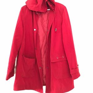 Red rain jacket with the hoodie